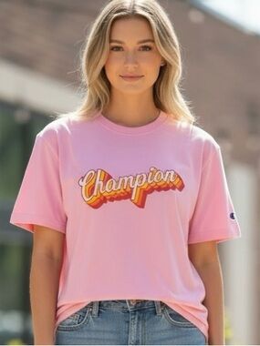 Champion Pink Short Sleeve Tee with Retro Yellow-Orange Logo